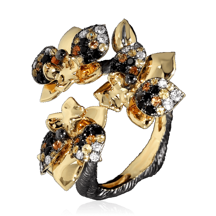 Кольцо с сапфирами цветными, бриллиантами в желтом и черном золоте 750 пробы, фото № 1