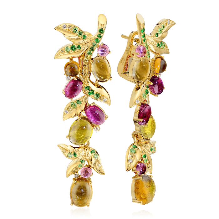 Серьги с бриллиантами, турмалином, тсаворитом, цветными сапфирами из желтого золота 750 пробы (арт. 38680)