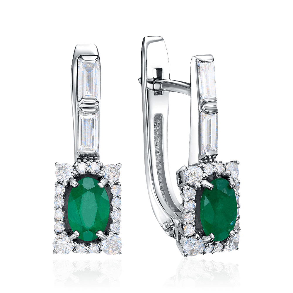 Серьги с изумрудом, бриллиантами из белого золота 585 пробы (арт. 124096)