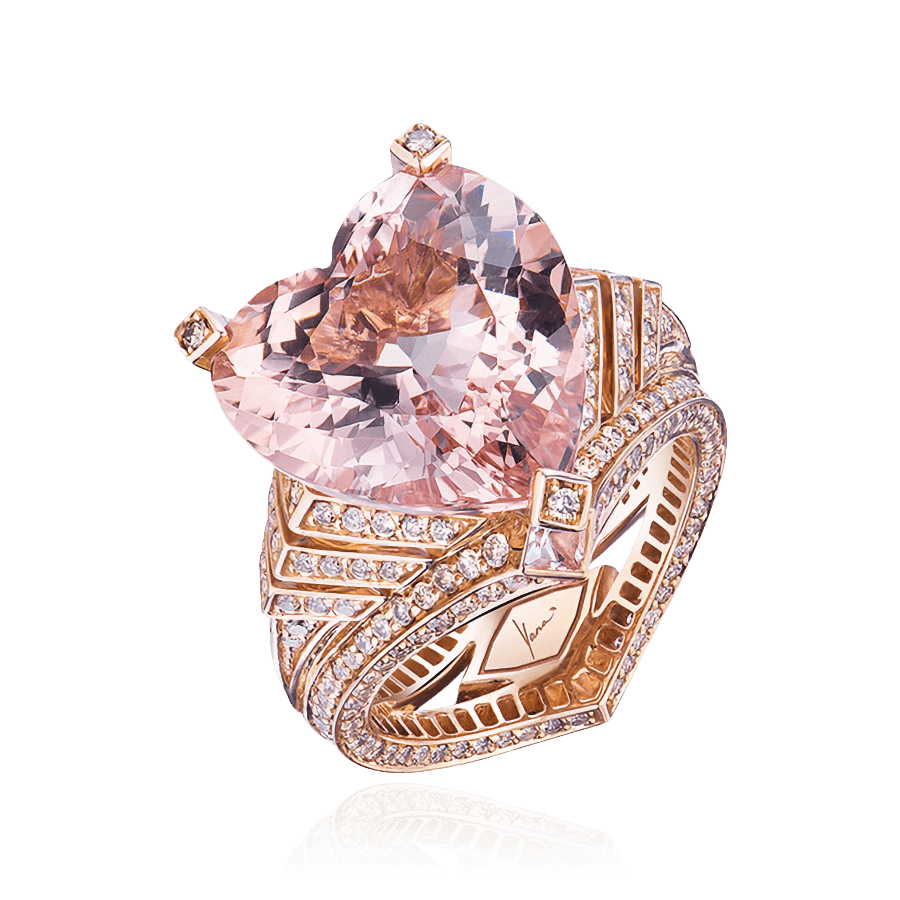 Кольцо с морганитом в огранке «сердце» и бриллиантами из розового золота 750 пробы, фото № 1