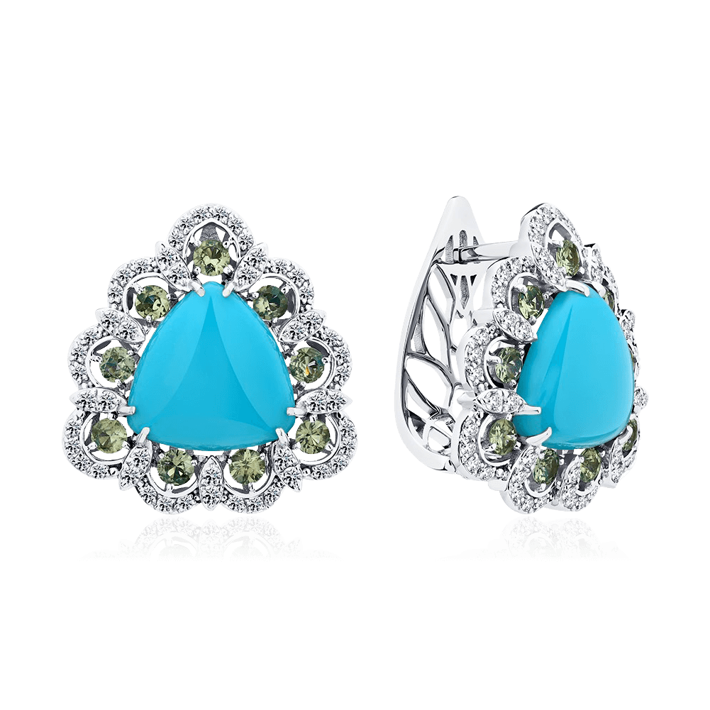 Серьги с сапфиром, бриллиантами, бирюзой из белого золота 585 пробы, фото № 1