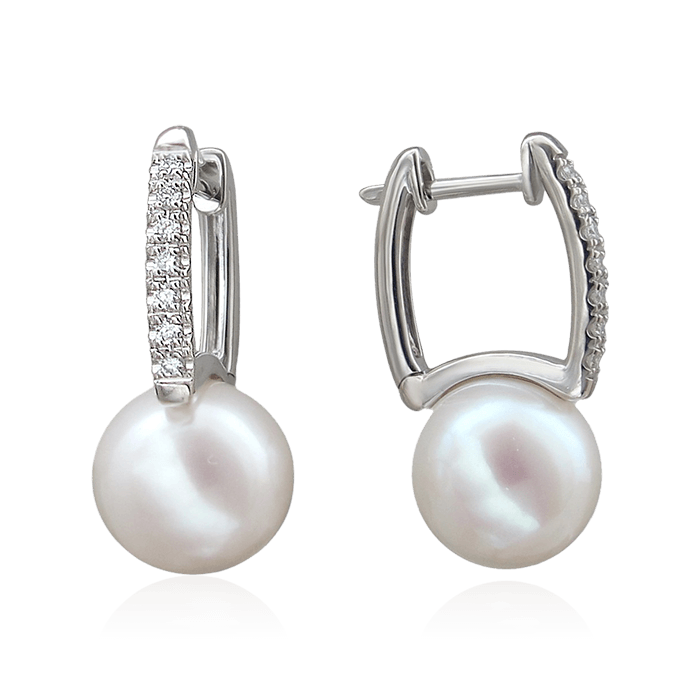 Серьги с бриллиантами, жемчугом из белого золота 750 пробы, фото № 1
