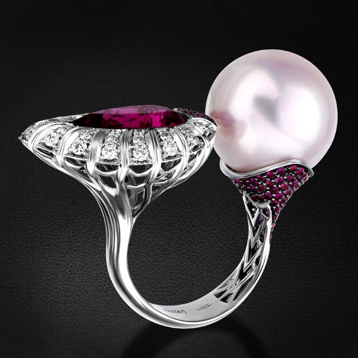 Кольцо с жемчугом, бриллиантами, рубином из белого золота 750 пробы, фото № 2