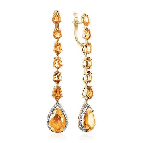 Серьги с цитрином, фианитами из желтого золота 585 пробы, фото № 1