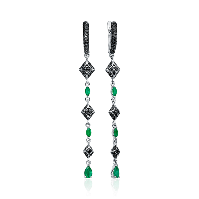 Серьги с изумрудом, бриллиантами из белого золота 585 пробы (арт. 80469)