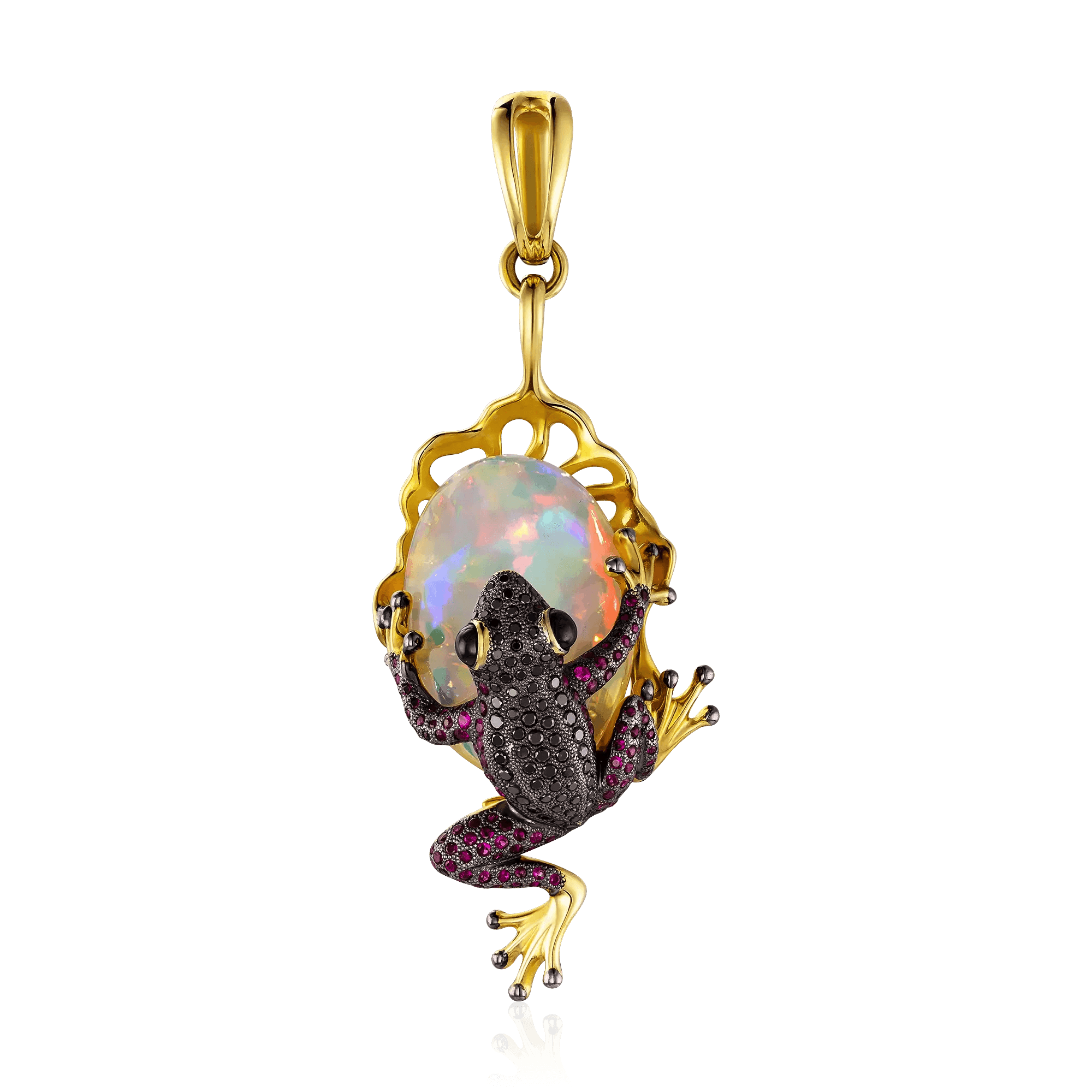 Кулон Лягушка с рубином, сапфиром, опалом, бриллиантами из желтого золота 750 пробы (арт. 101700)