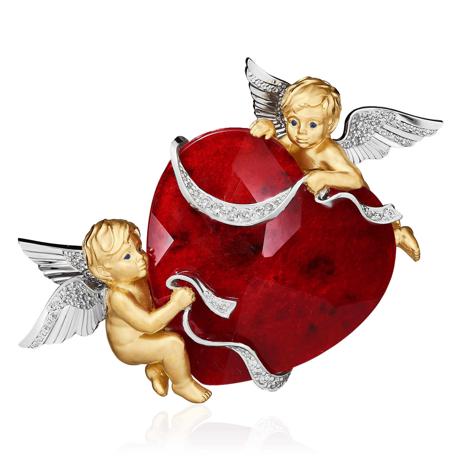 Кулон Ангелы с рубиновым кварцем, сапфирами, бриллиантами из желтого золота 750 пробы (арт. 72399)