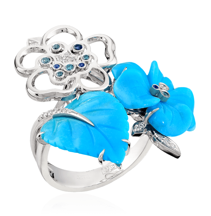 Кольцо в виде цветка с бирюзой, бриллиантами, сапфиром из белого золота 750 пробы, фото № 1