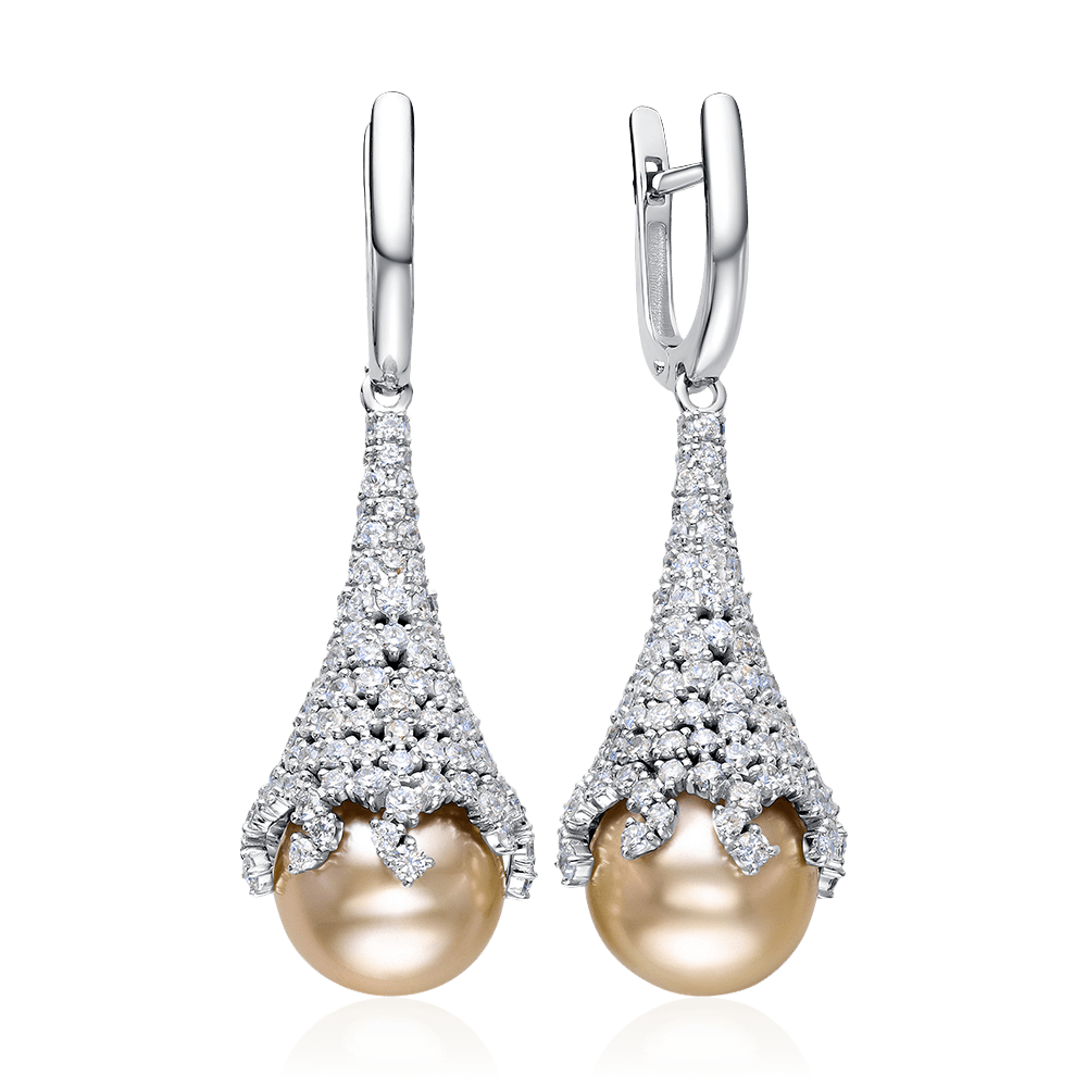 Серьги с бриллиантами, жемчугом из белого золота 585 пробы (арт. 117869)