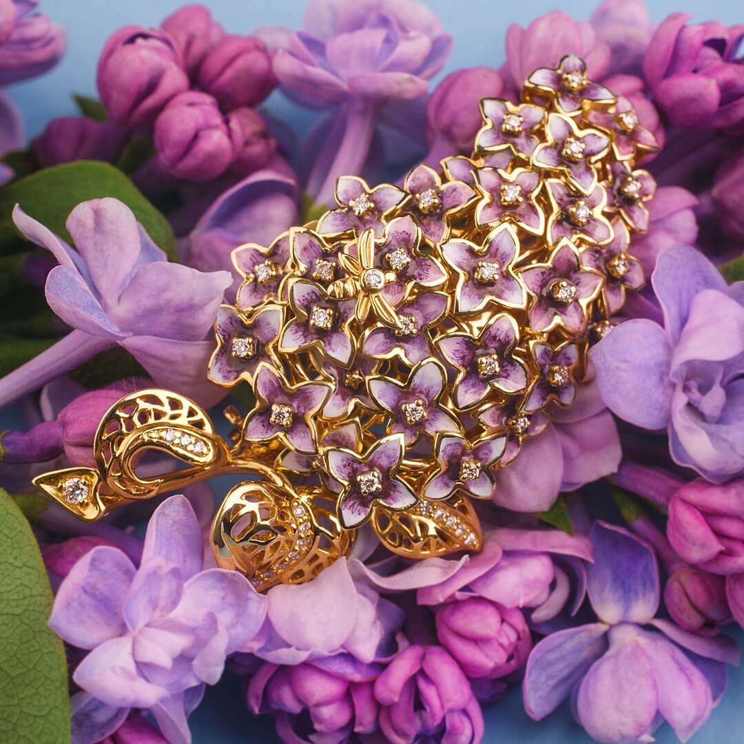 Брошь Цветы с эмалью, бриллиантами из желтого золота 750 пробы, фото № 2