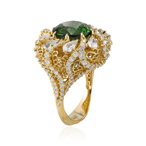 Кольцо с хромтурмалином, белыми сапфирами, бриллиантами из желтого золота 750 пробы, фото № 3