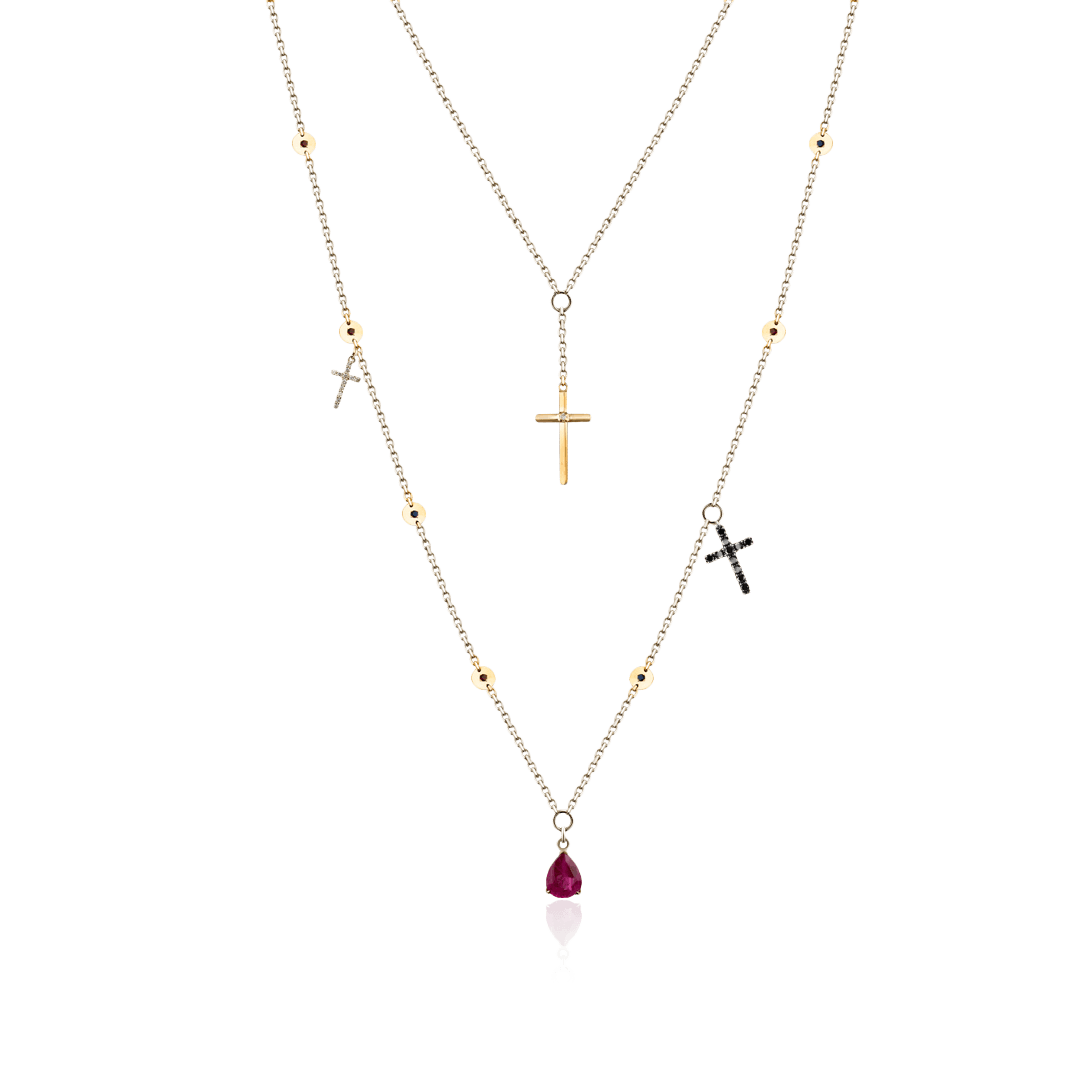 Крестики на цепочке с рубином, топазом, бриллиантами из желтого золота 585 пробы (арт. 93634)