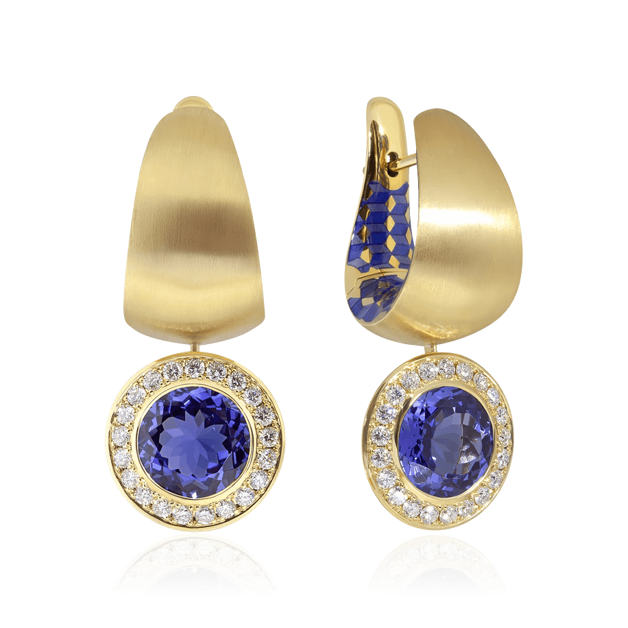 Серьги с танзанитом, эмалью, бриллиантами из желтого золота 750 пробы (арт. 90562)