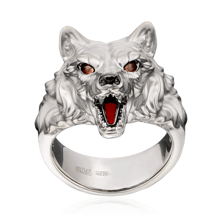Мужское кольцо Волк с цветными сапфирами и эмалью в белом золоте 750 пробы, фото № 2