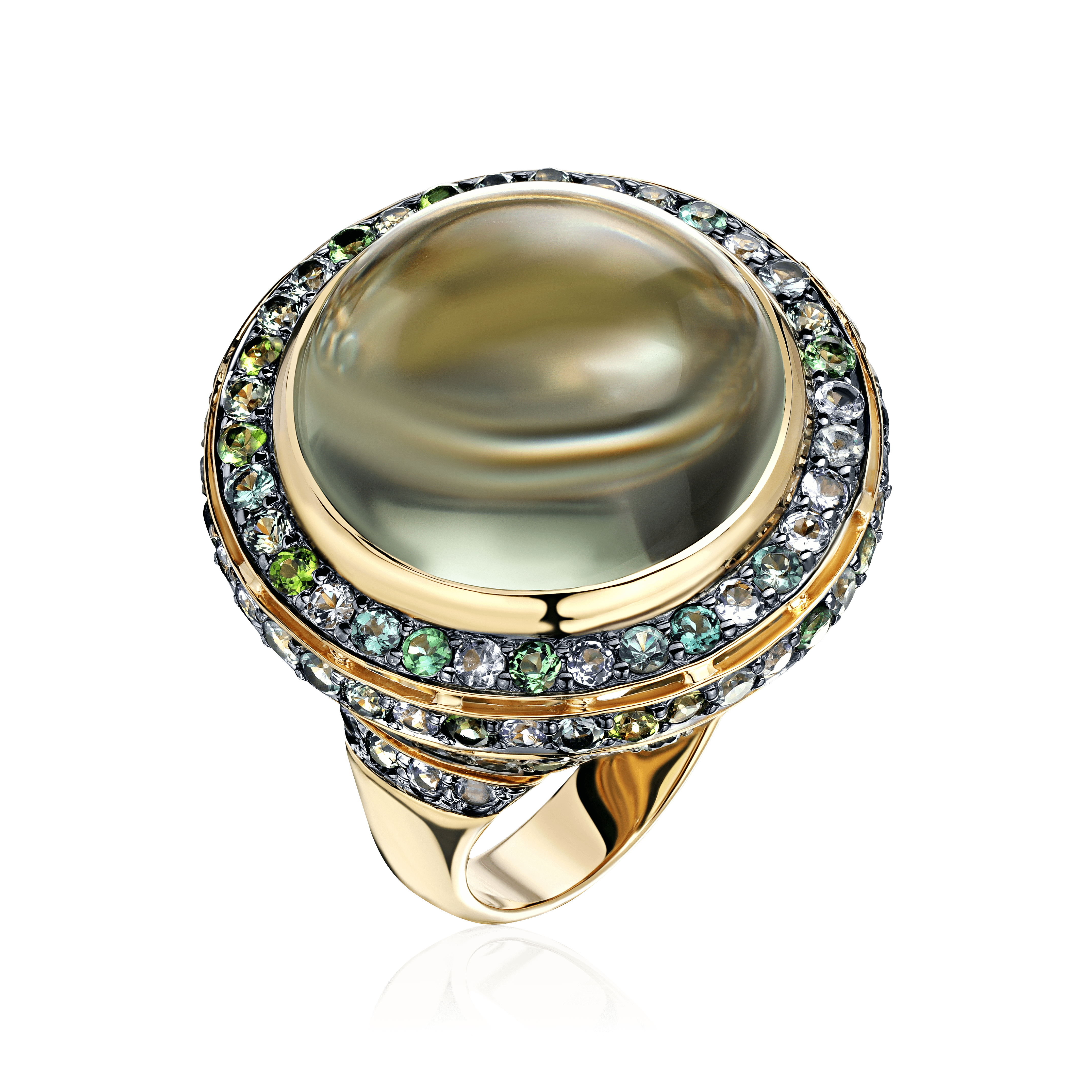 Кольцо с танзанитом, сапфиром, турмалином, бриллиантами, шпинелью, празиолитом из желтого золота 585 пробы (арт. 104293)