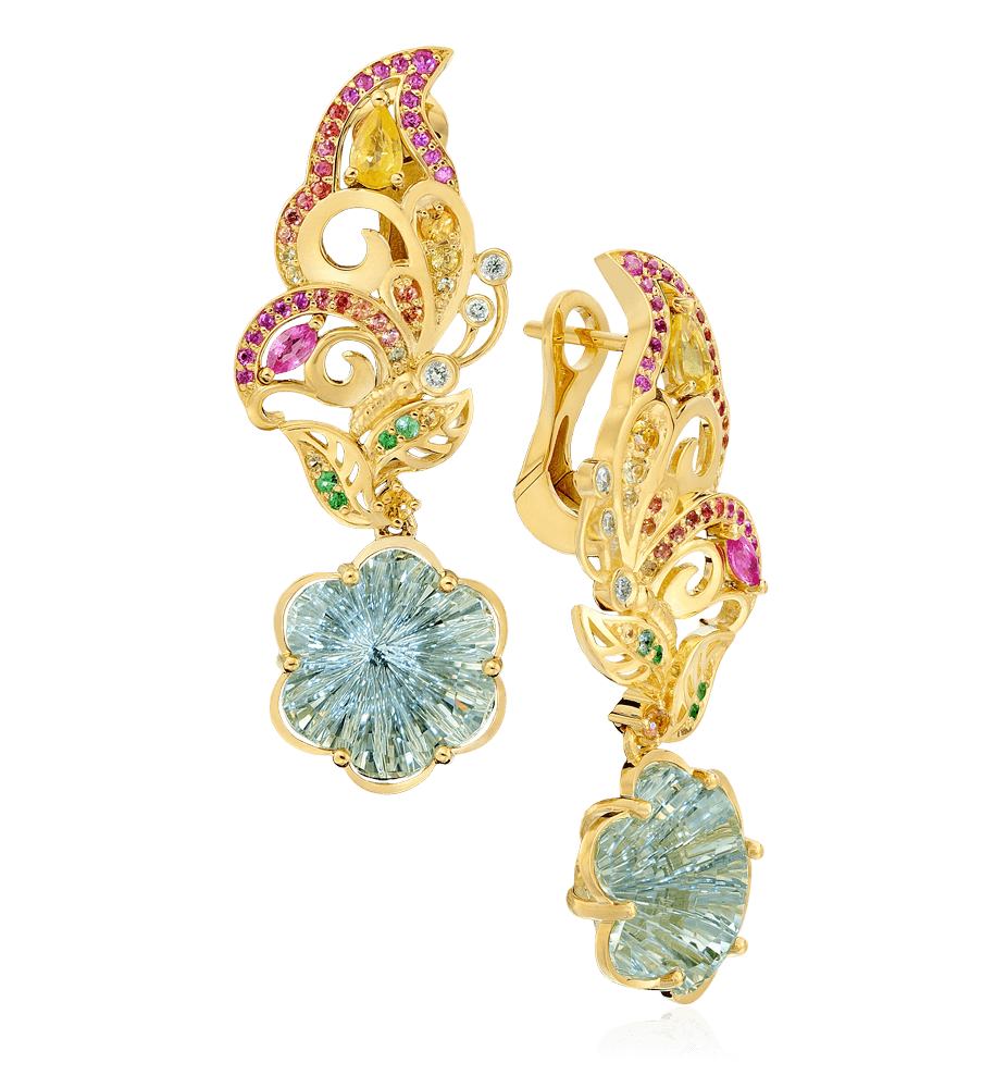 Серьги с празиолитом, тсаворитом, цветными сапфирами, бриллиантами из желтого золота 750 пробы (арт. 38717)