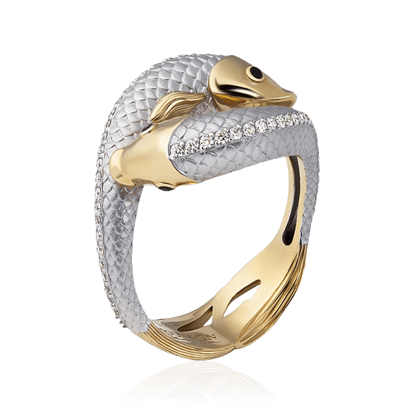 Кольцо Рыбы с сапфиром, бриллиантами из желтого золота 750 пробы, фото № 1