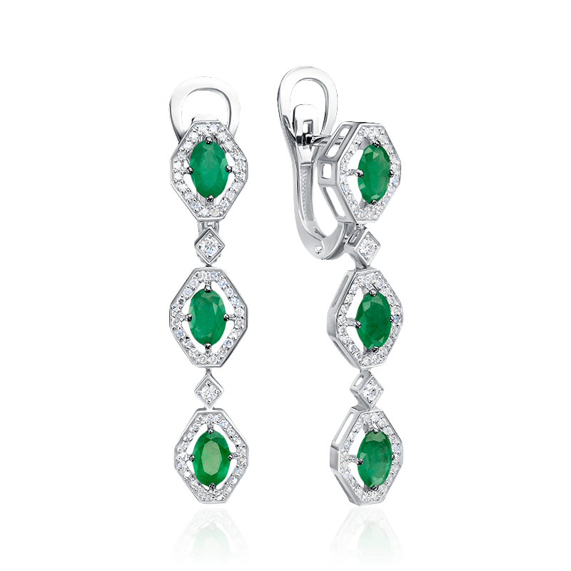 Серьги с изумрудом, бриллиантами из белого золота 585 пробы (арт. 122583)