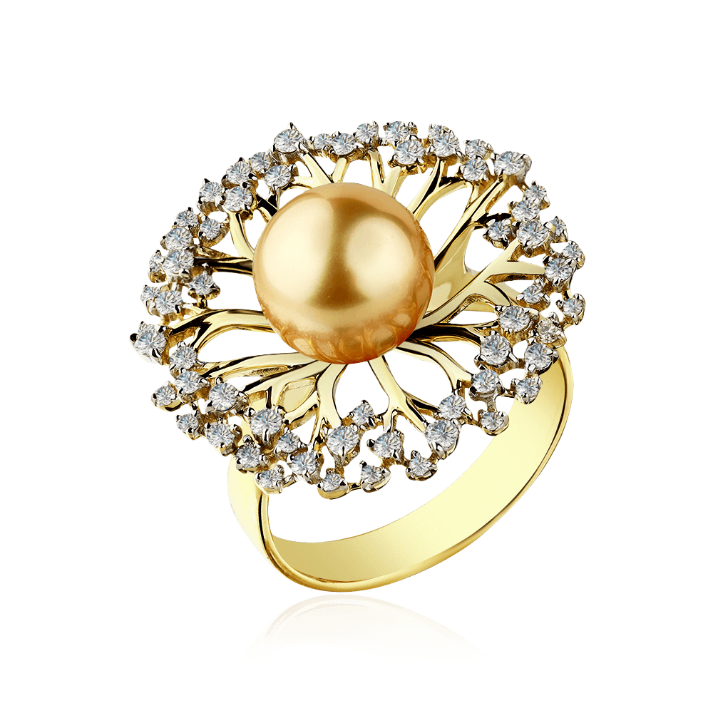 Кольцо с бриллиантами, жемчугом из желтого золота 585 пробы (арт. 102723)