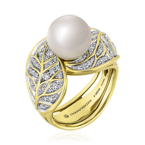 Кольцо с жемчугом, бриллиантами из желтого золота 750 пробы (арт. 67264)