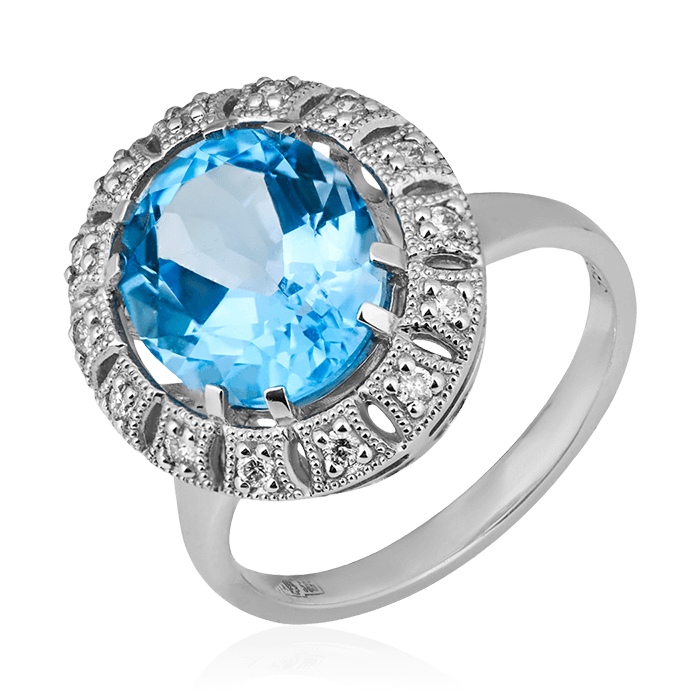Кольцо с топазом, бриллиантами из белого золота 585 пробы, фото № 1