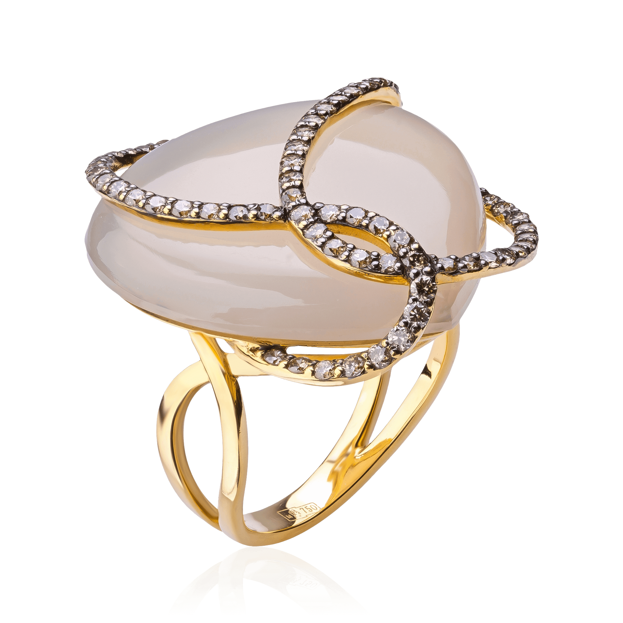 Кольцо с агатом, бриллиантами из желтого золота 750 пробы, фото № 1