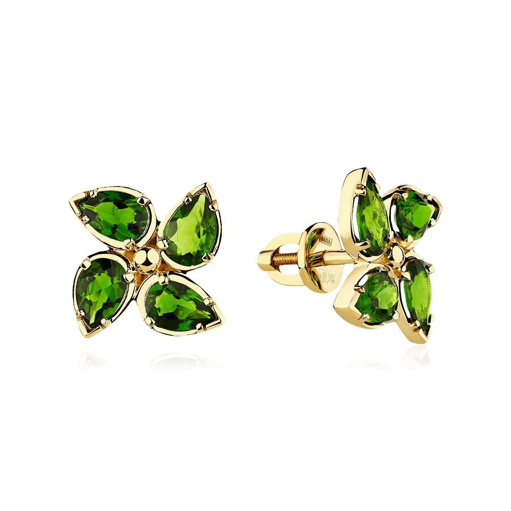 Серьги с хромдиопсидом из желтого золота 585 пробы, фото № 1