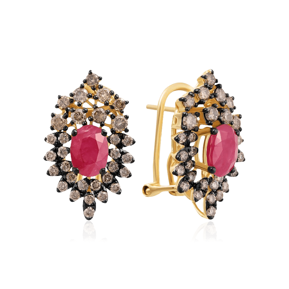 Серьги с рубином, бриллиантами из желтого золота 585 пробы (арт. 102888)