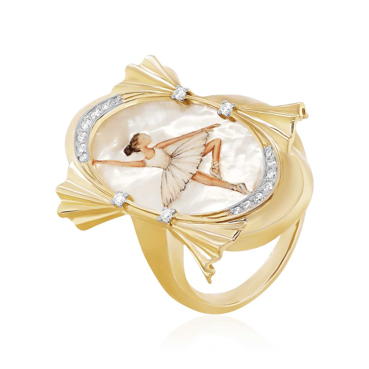 Кольцо Балерина с перламутром, горячей эмалью бриллиантами из желтого золота 585 пробы (арт. 104056)