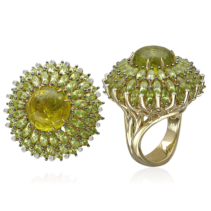 Кольцо с бриллиантами, хризолитом, турмалином из желтого золота 585 пробы (арт. 57761)