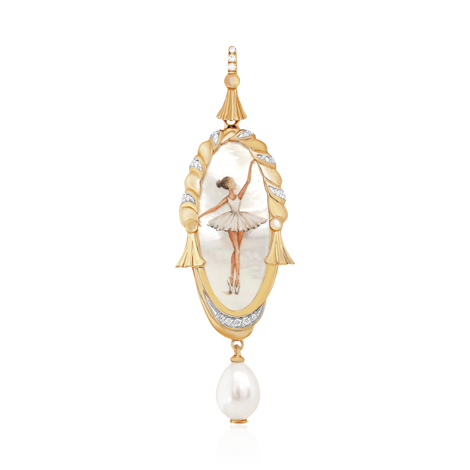 Брошь-подвеска Балерина с жемчугом, бриллиантами, перламутром из красного золота 585 пробы (арт. 104215)