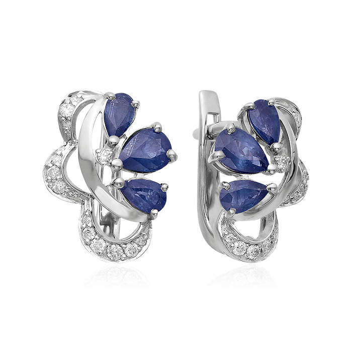 Серьги с сапфиром, бриллиантами из белого золота 585 пробы (арт. 55528)