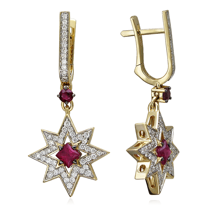 Серьги в виде звезд с рубином, бриллиантами из желтого золота 585 пробы, фото № 1