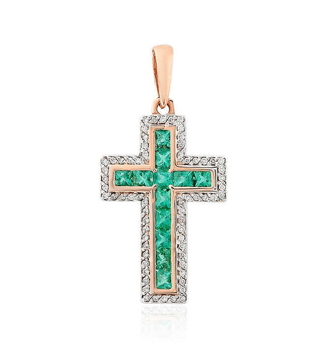 Крест с бриллиантами, изумрудом из красного золота 585 пробы (арт. 56399)