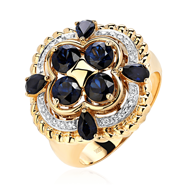 Кольцо с сапфиром, бриллиантами из желтого золота 585 пробы (арт. 86205)