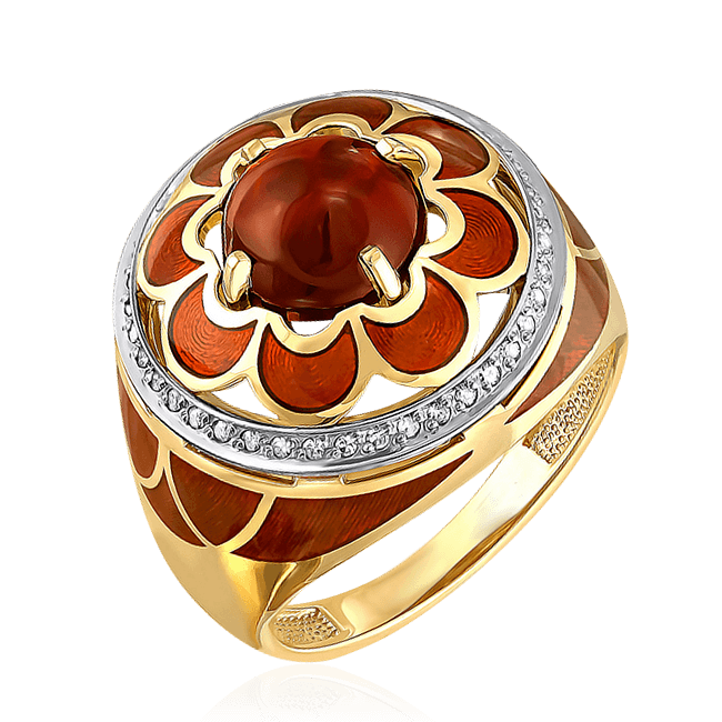 Крупное кольцо из коллекции «аристократка» с гранатом, бриллиантами, эмалью из желтого золота 750 пробы (арт. 43530)
