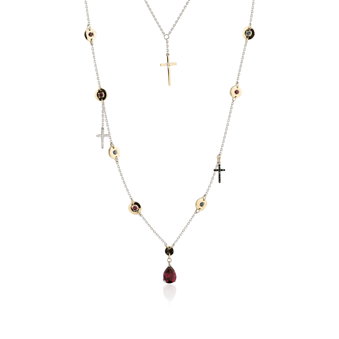 Колье с топазом, рубином, бриллиантами, родолитом из желтого золота 585 пробы (арт. 99842)