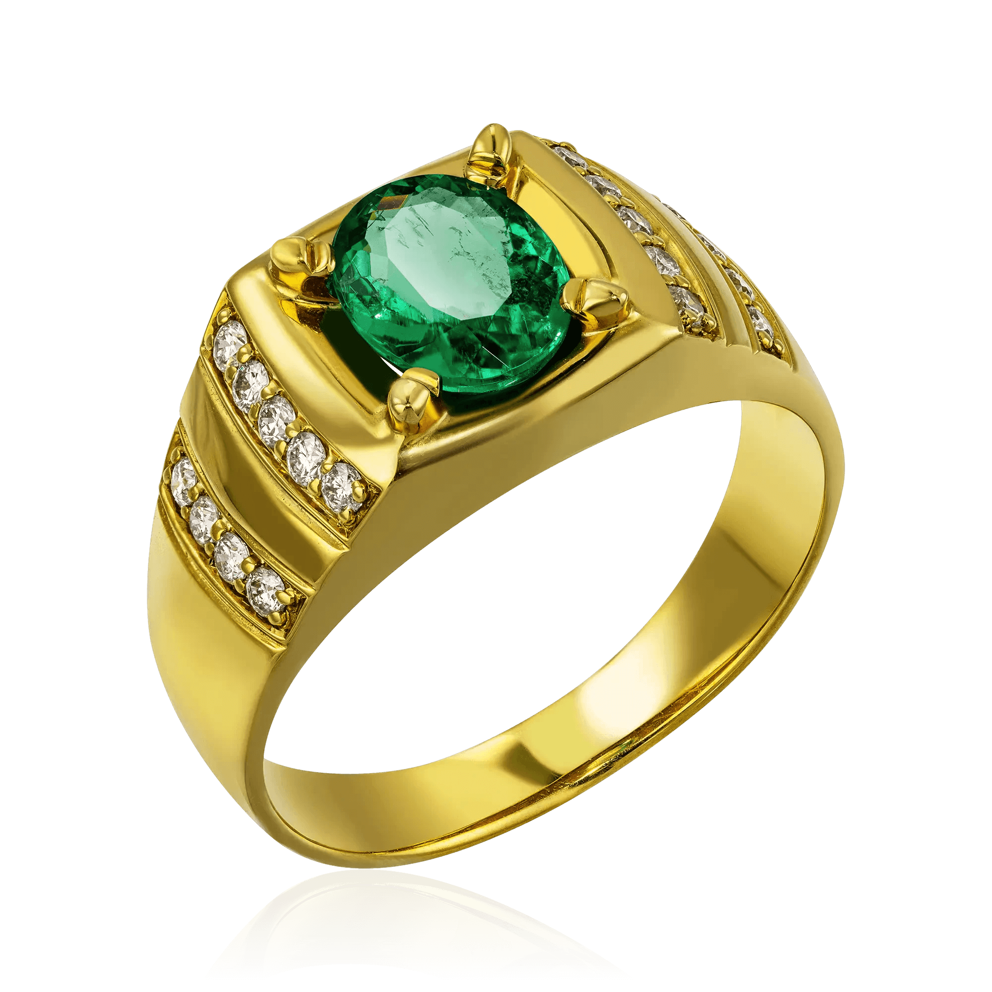 Мужское кольцо с изумрудом, бриллиантами из желтого золота 750 пробы (арт. 101701)