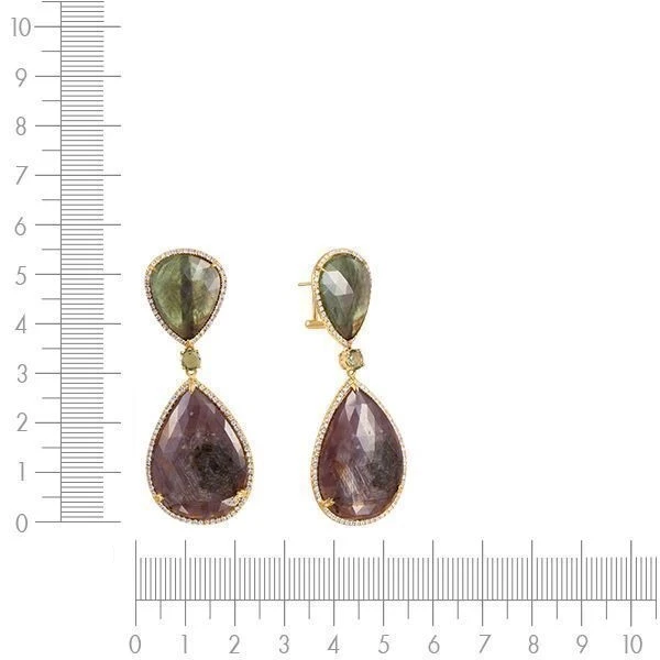 Серьги с сапфиром, бриллиантами, корундом из желтого золота 585 пробы, фото № 3