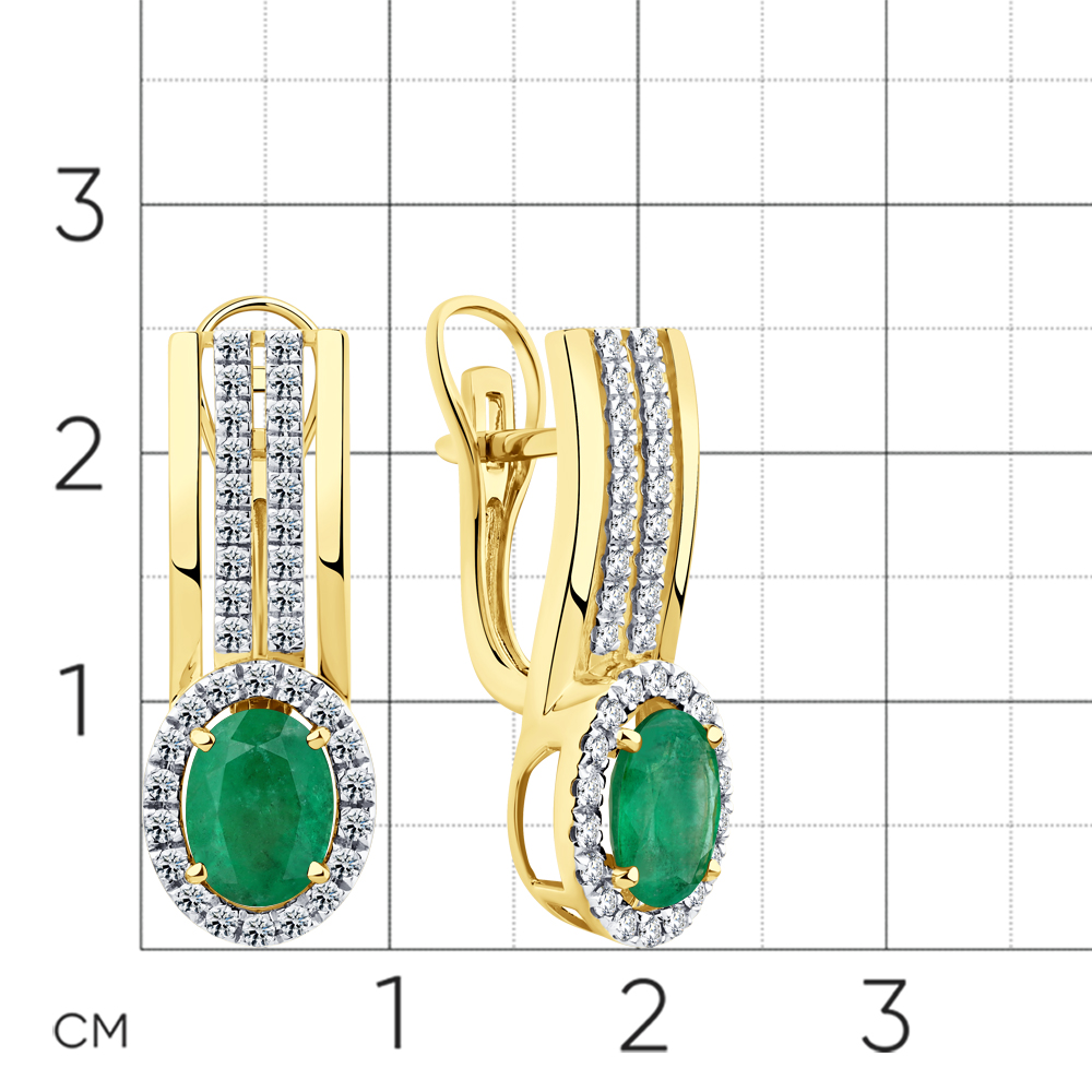 Серьги с бриллиантами, изумрудом из желтого золота 585 пробы, фото № 2
