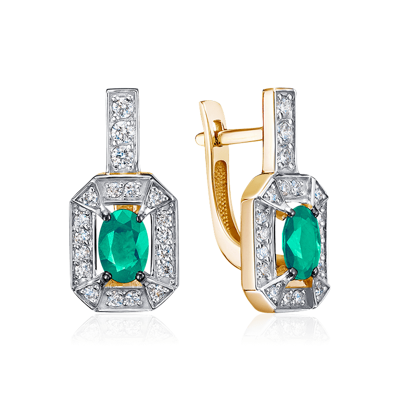 Серьги с бриллиантами, изумрудом из желтого золота 585 пробы, фото № 1