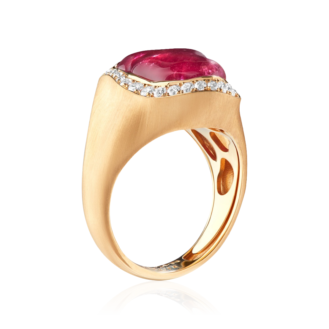 Кольцо с рубеллитом, бриллиантами из желтого золота 750 пробы, фото № 2