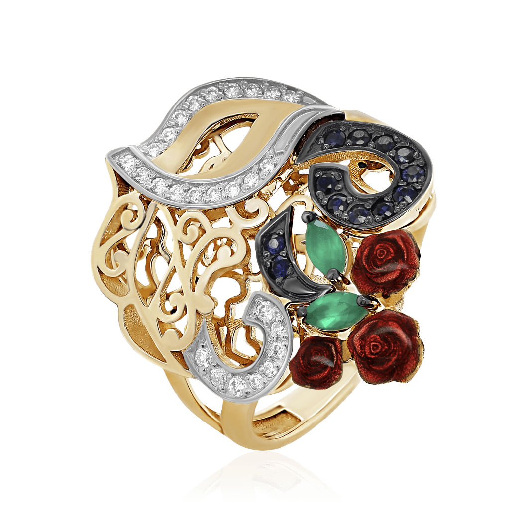 Кольцо Маска с сапфиром, бриллиантами, ониксом из желтого золота 585 пробы (арт. 104054)