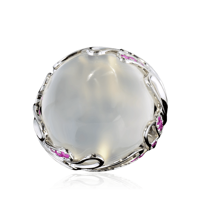 Кольцо с лунным камнем, розовыми сапфирами и бриллиантами в белом золоте 750 пробы, фото № 3