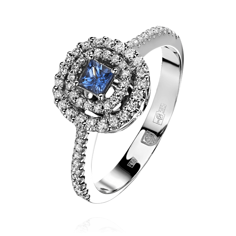 Кольцо с голубым сапфиром, бриллиантами из белого золота 585 пробы, фото № 1