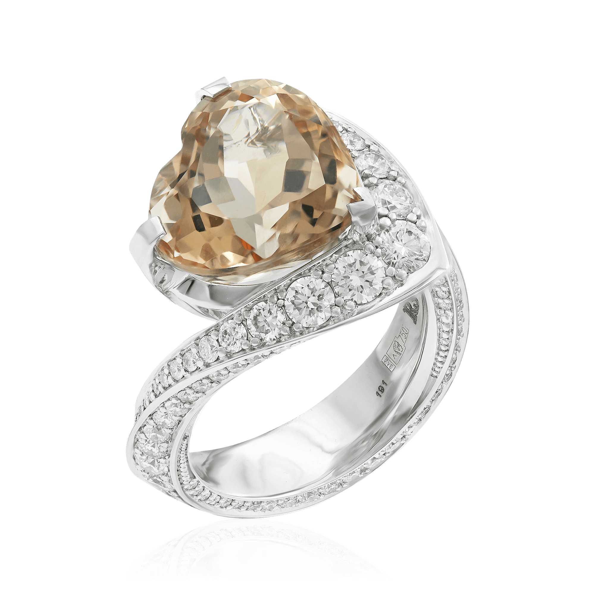 Кольцо огранки сердце с морганитом, бриллиантами из белого золота 750 пробы, фото № 1