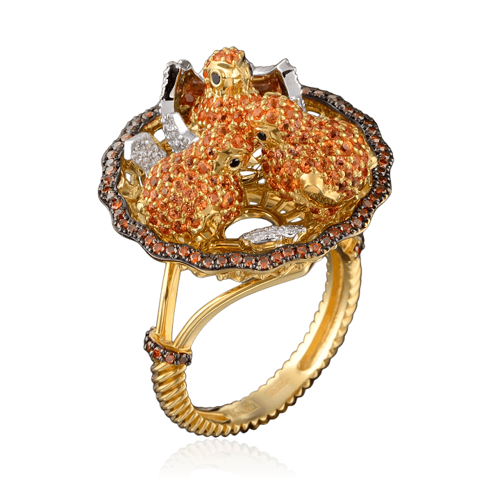 Кольцо Птенцы в гнезде с цветными сапфирами, бриллиантами в комбинированном золоте 750 пробы (арт. 27860)
