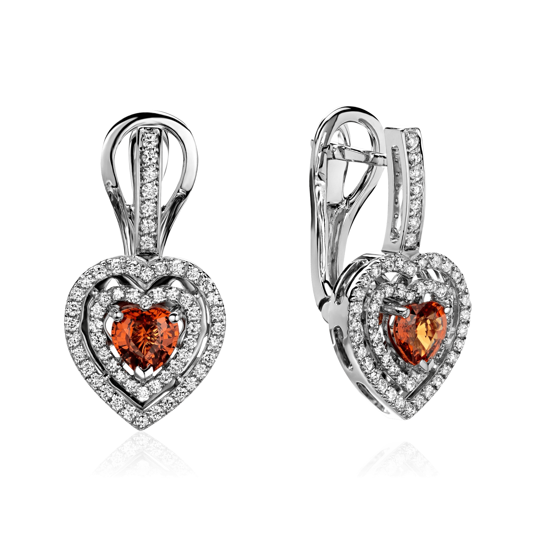 Серьги в форме сердца с оранжевыми сапфирами, бриллиантами из белого золота 585 пробы (арт. 98605)