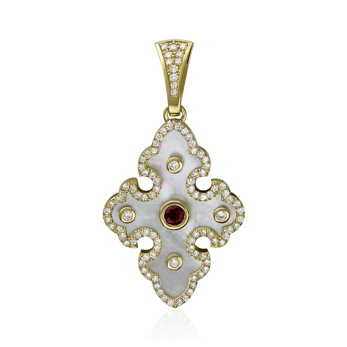 Крест с рубином, бриллиантами, перламутром из желтого золота 750 пробы, фото № 1