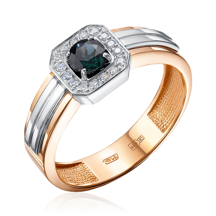 Мужское кольцо с сапфиром, бриллиантами из комбинированного золота 585 пробы, фото № 1